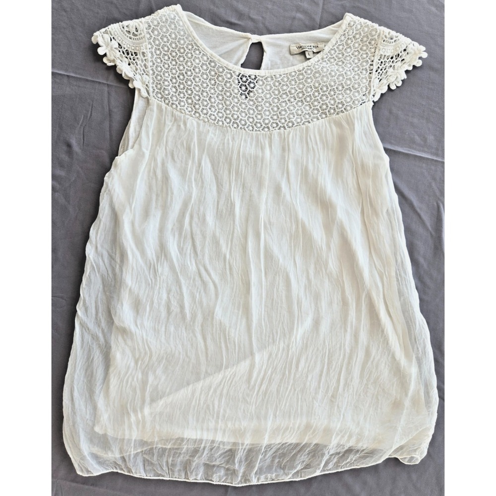 Via Signoria Tunic Silk Crochet Emboidered Mesh Sheer Blouse Cap Flutter Sleeves